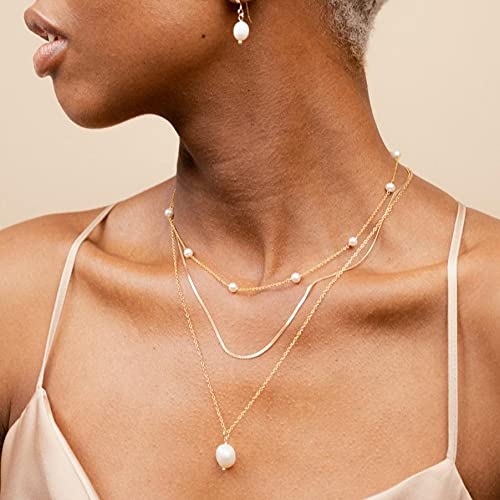 Cowlyn Pearl Choker Dainty Adjustable Necklace 18K Gold Plated Cultured Barque Pearl Tiny Chain Delicate Mother's Valentine Jewelry for Women Girls