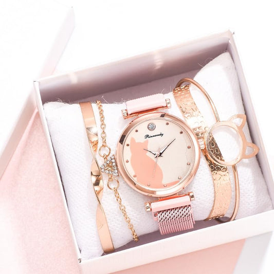 Watches - SimpliCitys Watch Set Women Quartz Wristwatch Mesh Bracelet Cat Dial Luxury Woman Watch Casual Ladies Clock Student Wrist Watches