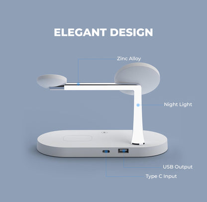 5 in 1 wireless charging station for magsafe charging devices, HOAVY Magnetic charger compatible for iphone 15/14/13/12 models,iWatch,Airpods.Dimmable night lamp, [20w Pd Charger Included] (White)