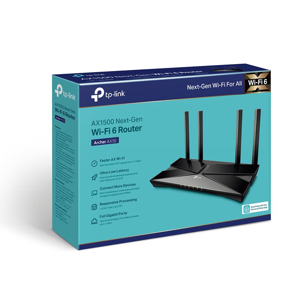 TP-Link Archer AX10 Next-Gen Wi-Fi 6 Router, AX1500 Mbps Gigabit Dual Band Wireless, OneMesh Supported, Beamforming & MU-MIMO, Ideal for Gaming Xbox/PS5/Steam and 4K, Works with Alexa