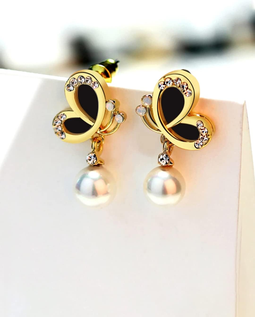 Yellow Chimes Black Gold Base Metal Pearl Gold Plated Butterfly Collection Drop Earrings for Women and Girls