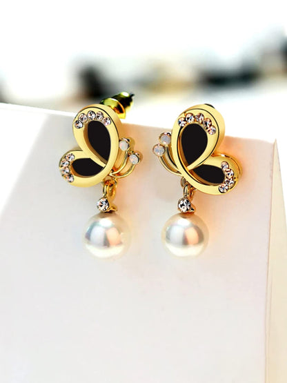 Yellow Chimes Black Gold Base Metal Pearl Gold Plated Butterfly Collection Drop Earrings for Women and Girls