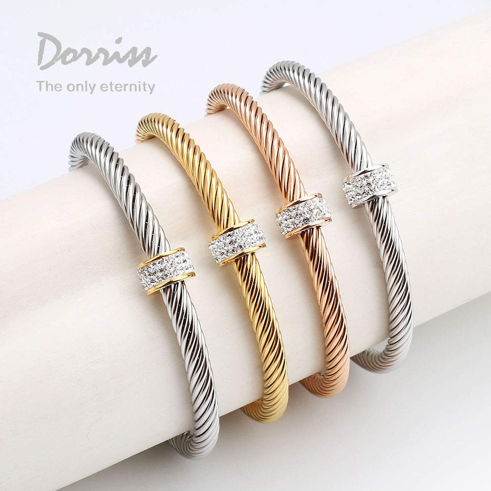 Cable Cuff Bracelets, Dorriss Stainless Steel Twisted Wire Composite Bracelet Bangles, Adjustable Elegant Antique Jewelry with Rhinestone for Women, Ladies, Girls, Teens, Gift Idea