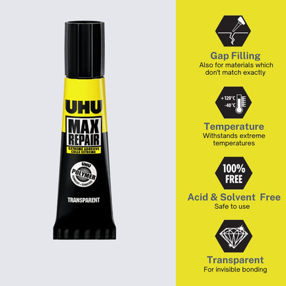 Uhu Max Repair Extreme Adhesive, Extra Strong And Universal Glue For Almost All Repairs, Indoors Outdoors, 8 G, Transparent