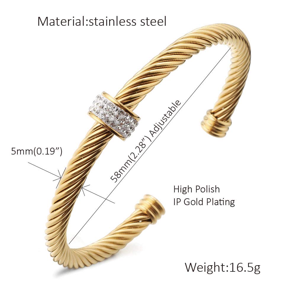 Cable Cuff Bracelets, Dorriss Stainless Steel Twisted Wire Composite Bracelet Bangles, Adjustable Elegant Antique Jewelry with Rhinestone for Women, Ladies, Girls, Teens, Gift Idea