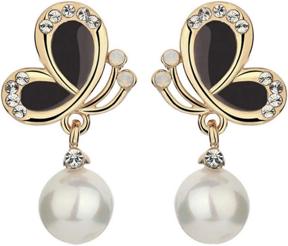 Yellow Chimes Black Gold Base Metal Pearl Gold Plated Butterfly Collection Drop Earrings for Women and Girls