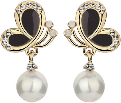 Yellow Chimes Black Gold Base Metal Pearl Gold Plated Butterfly Collection Drop Earrings for Women and Girls