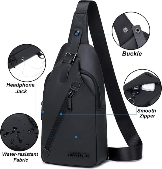 arctic hunter Mens Small Sling Bag Chest Bag Shoulder Bag Mobile Bag Side Bag with Earphone Port Water Resistant for Everyday Use Small Items and Small Electronic Product,Black