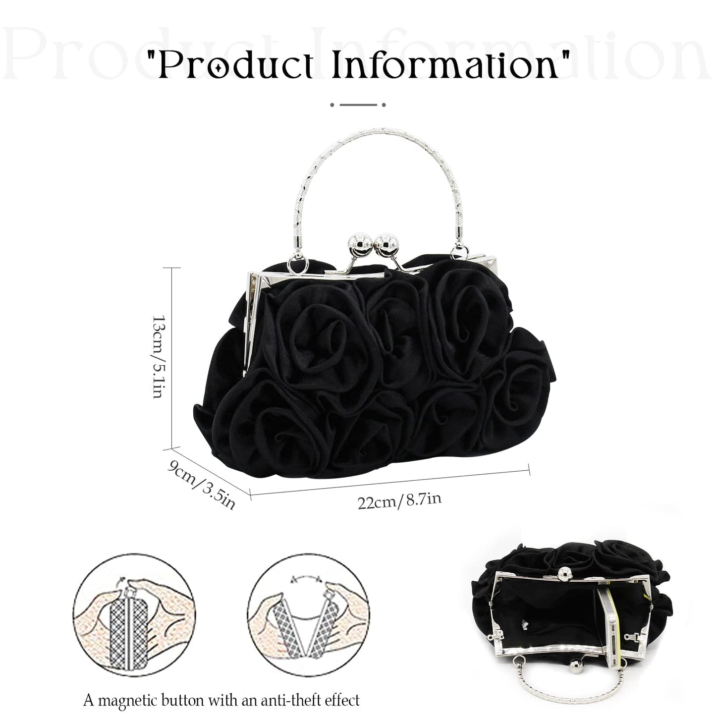 Women Evening Clutch Bag Floral Satin Purses Detachable Strap Clutch Bag Floral Clutch Bag Detachable Strap Purses Floral Clutch Bag for Wedding, Party, Prom