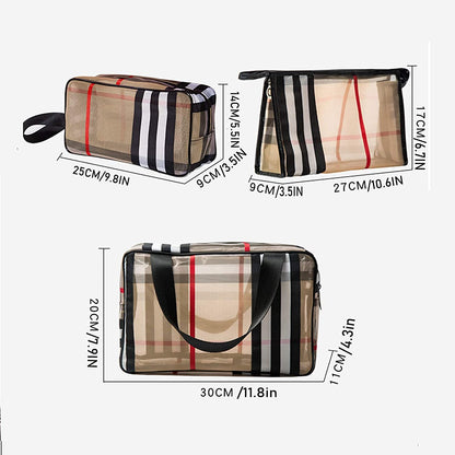 3pcs Pvc Stripe Makeup Bag For Women,Transparent Waterproof Cosmetic Bag For Travel,Portable Clear Toiletry Bag,Makeup Pouch With Zipper,Large Capacity Organizer Storage Bag(Set Of 3）