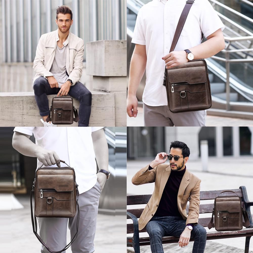 Goodern Messenger Bag for Men,PU Leather Satchel Pouch Side Crossover Handbag Crossbody Shoulder Purse Waterproof Shoulder Backpack Bag Unisex Laptop Bag Chest Casual Daypack for Travel Hiking-Brown