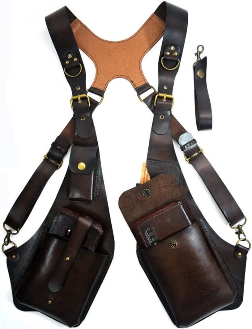 Medieval PU Leather Hidden Underarm Shoulder Bag Men's Retro Strap Underarm Double Shoulder Bag Adjustable Hidden Holster Bag, Outdoor Cell Phone Bag Wallet for Men and Women,Black