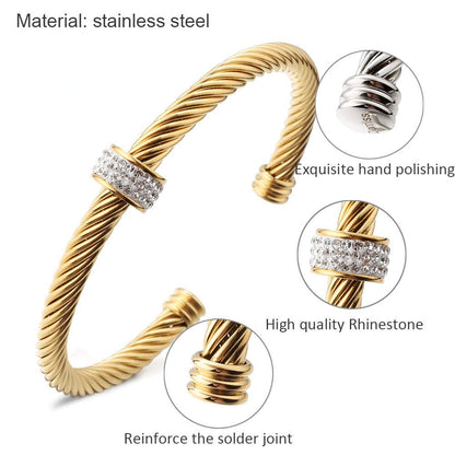 Cable Cuff Bracelets, Dorriss Stainless Steel Twisted Wire Composite Bracelet Bangles, Adjustable Elegant Antique Jewelry with Rhinestone for Women, Ladies, Girls, Teens, Gift Idea