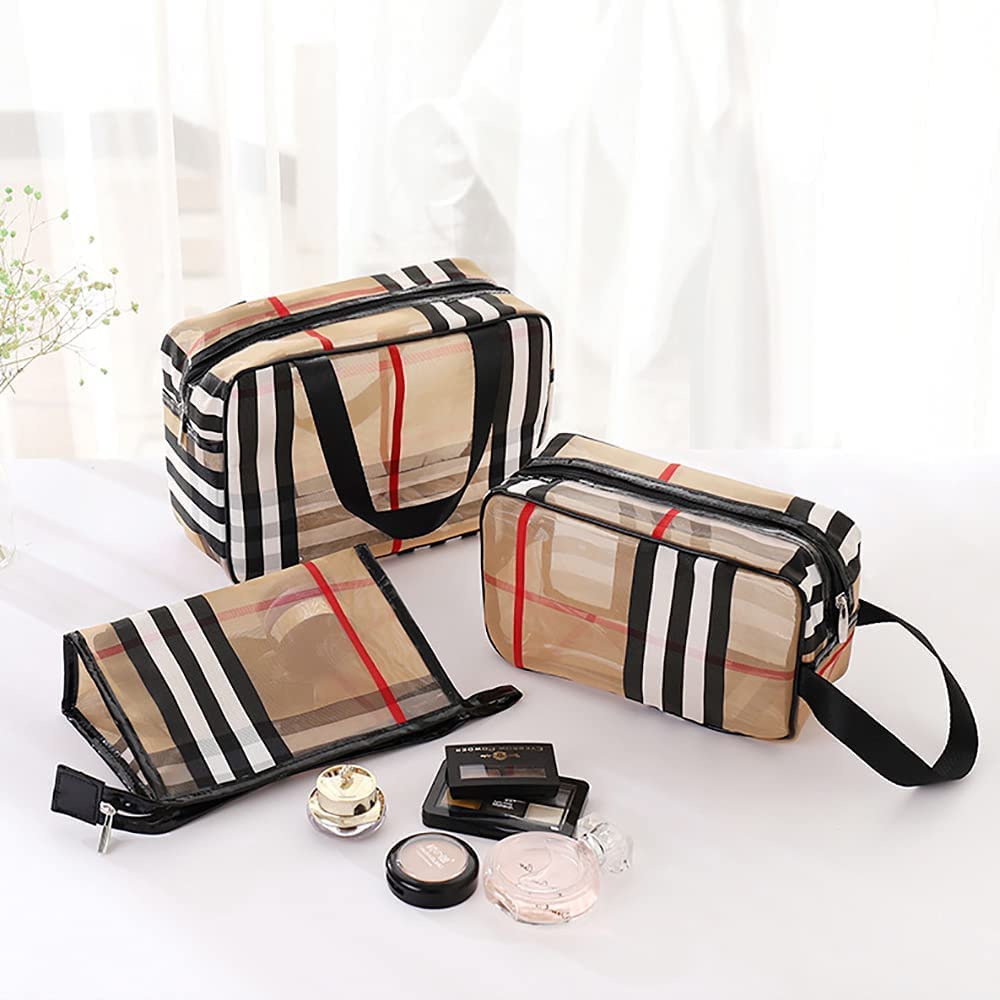 3pcs Pvc Stripe Makeup Bag For Women,Transparent Waterproof Cosmetic Bag For Travel,Portable Clear Toiletry Bag,Makeup Pouch With Zipper,Large Capacity Organizer Storage Bag(Set Of 3）