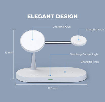 5 in 1 wireless charging station for magsafe charging devices, HOAVY Magnetic charger compatible for iphone 15/14/13/12 models,iWatch,Airpods.Dimmable night lamp, [20w Pd Charger Included] (White)