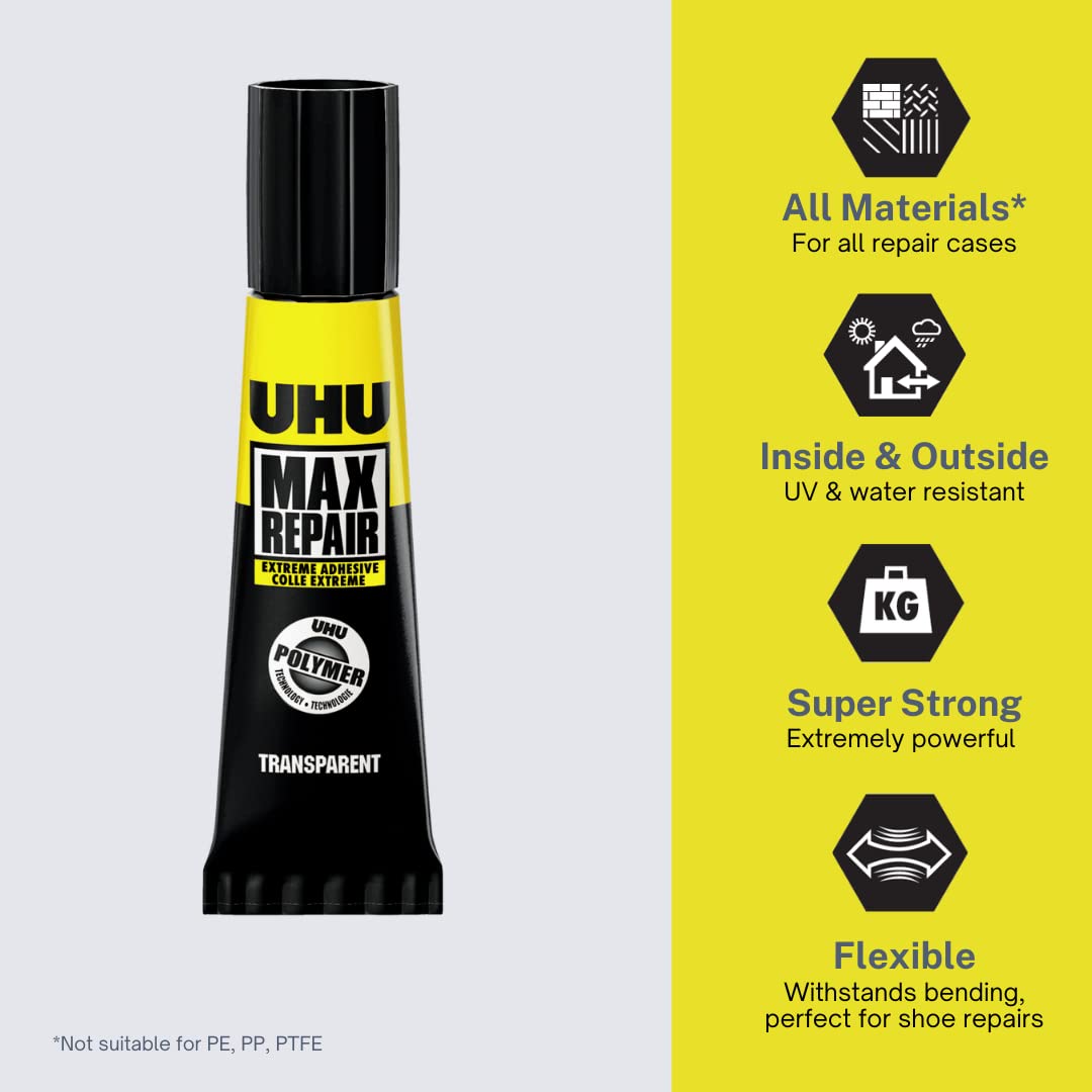 Uhu Max Repair Extreme Adhesive, Extra Strong And Universal Glue For Almost All Repairs, Indoors Outdoors, 8 G, Transparent