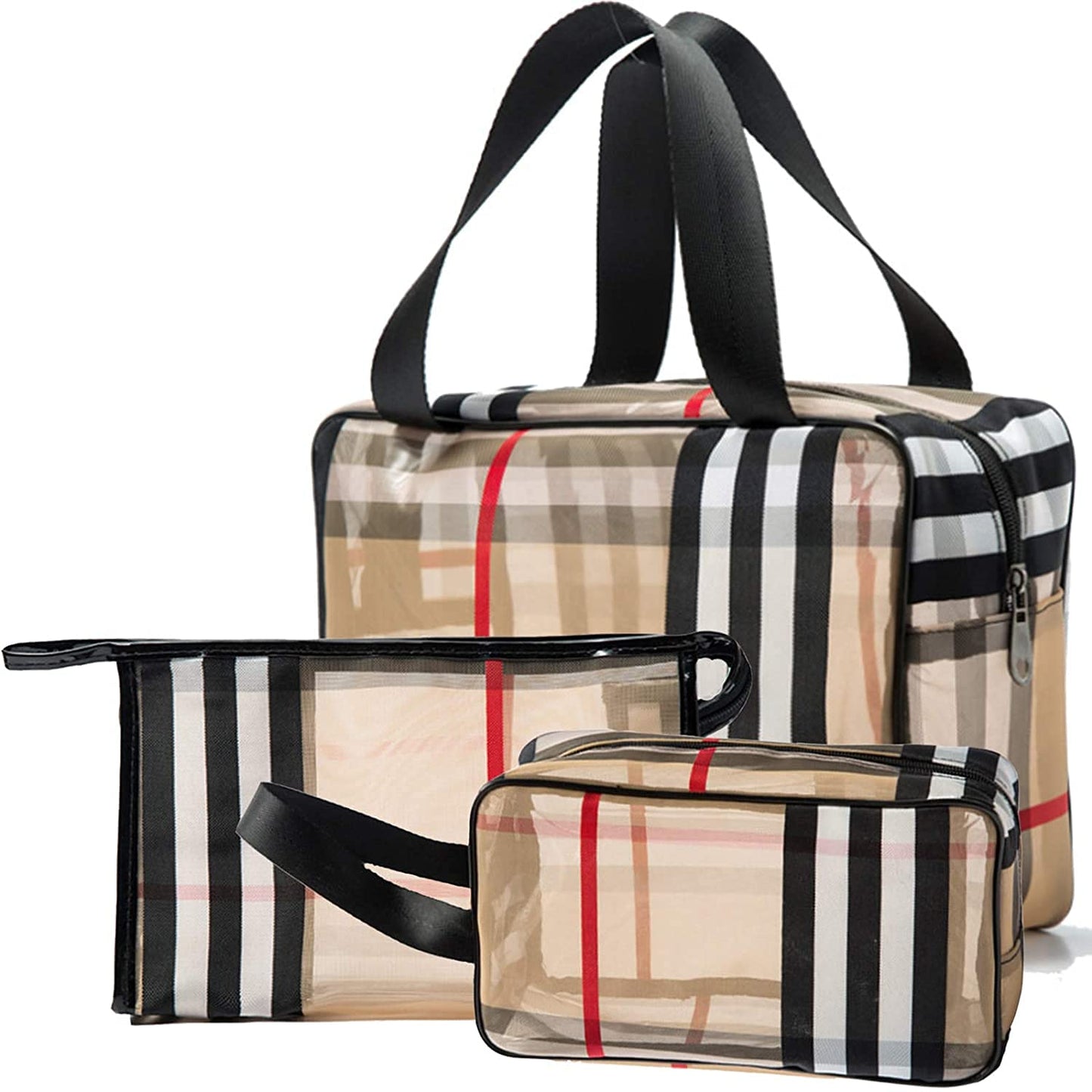 3pcs Pvc Stripe Makeup Bag For Women,Transparent Waterproof Cosmetic Bag For Travel,Portable Clear Toiletry Bag,Makeup Pouch With Zipper,Large Capacity Organizer Storage Bag(Set Of 3）