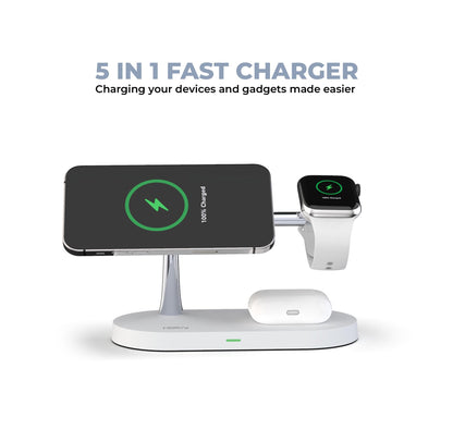 5 in 1 wireless charging station for magsafe charging devices, HOAVY Magnetic charger compatible for iphone 15/14/13/12 models,iWatch,Airpods.Dimmable night lamp, [20w Pd Charger Included] (White)