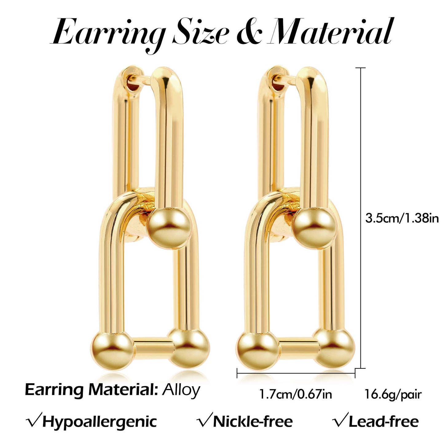 Sloong 3paris 14k Gold Plated Ball U Shape Pin Y2K Style Chunky Earring Link Chain Chunky Circle Hoop Earrings Paperclip Link Chain Jewelry Drop Dangle Earrings set for women teen girls