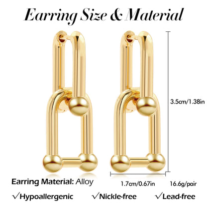 Sloong 3paris 14k Gold Plated Ball U Shape Pin Y2K Style Chunky Earring Link Chain Chunky Circle Hoop Earrings Paperclip Link Chain Jewelry Drop Dangle Earrings set for women teen girls