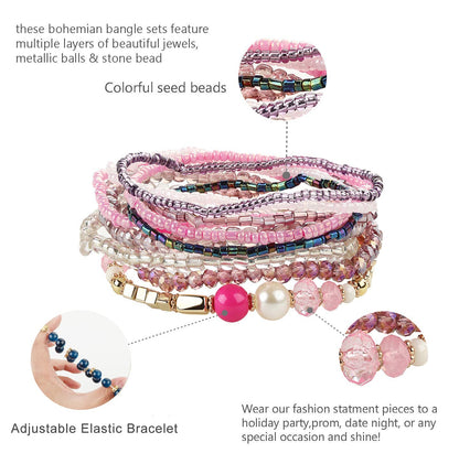 FIBO STEEL 6 Sets Bohemian Stackable Bead Bracelets for Women Stretch Multilayered Bracelet Set Multicolor Jewelry