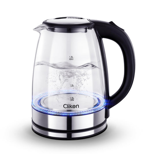 Clikon – 1.8 Liter Glass Body Electric Cordless Kettle with 360° Swivel Base, Power Cord Storage, Auto Cut-off Function, LED Indicator, 1500 Watts, 2 Years Warranty, Clear - CK5138