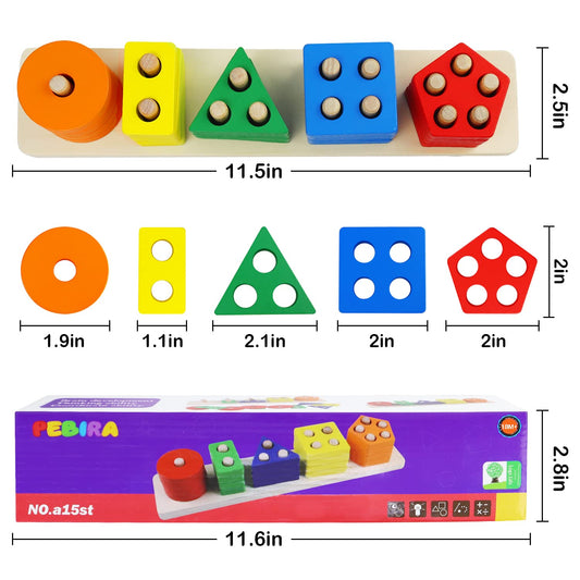 Montessori Toys for 1 to 3-Year-Old Boys Girls Toddlers, Wooden Sorting & Stacking Toys for Toddlers and Kids Preschool, Educational Toys, Color Recognition Stacker Shape Sorter, Learning Puzzles Gift