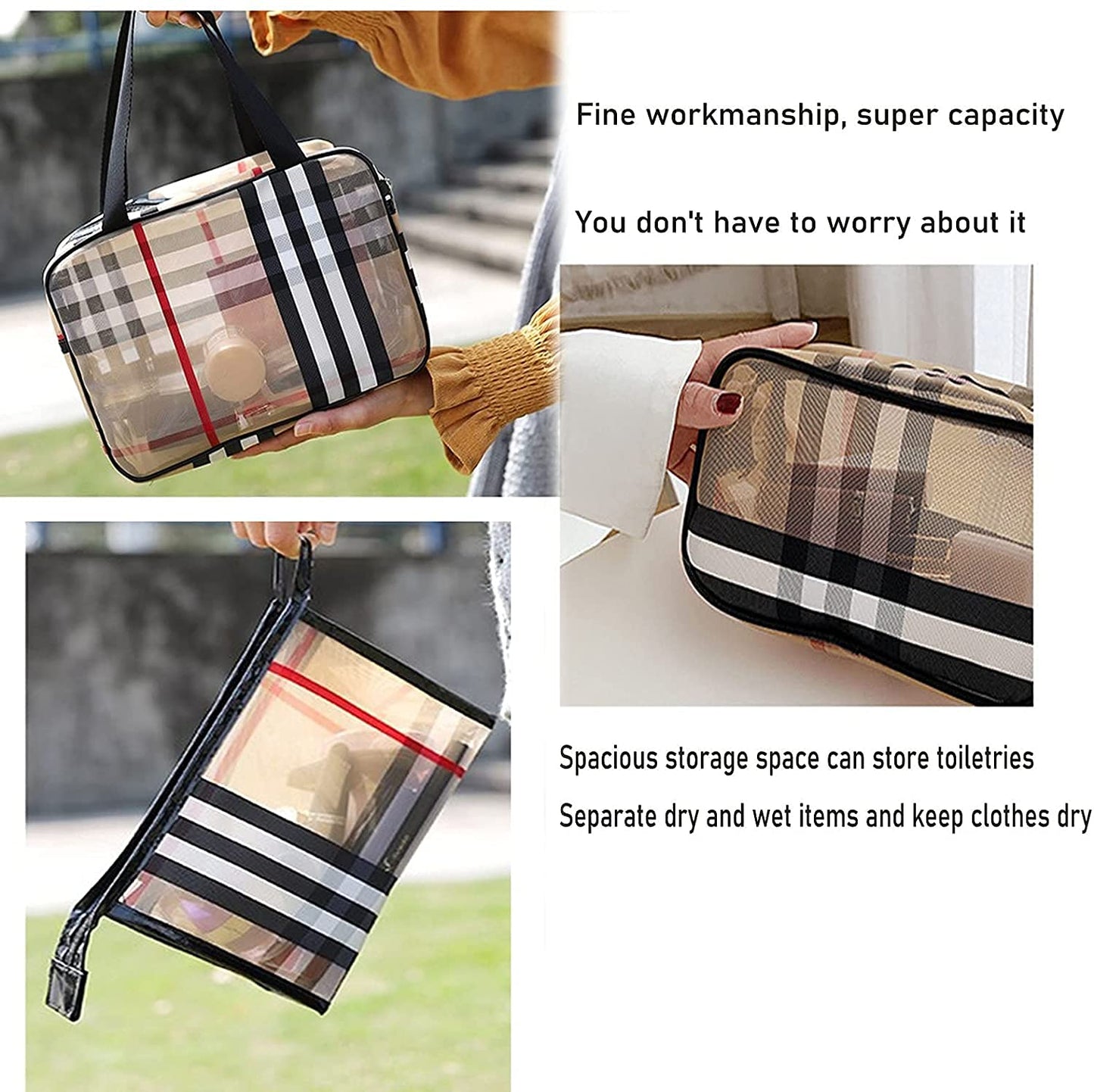 3pcs Pvc Stripe Makeup Bag For Women,Transparent Waterproof Cosmetic Bag For Travel,Portable Clear Toiletry Bag,Makeup Pouch With Zipper,Large Capacity Organizer Storage Bag(Set Of 3）