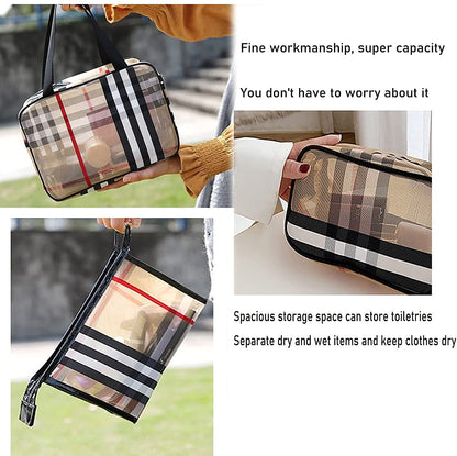 3pcs Pvc Stripe Makeup Bag For Women,Transparent Waterproof Cosmetic Bag For Travel,Portable Clear Toiletry Bag,Makeup Pouch With Zipper,Large Capacity Organizer Storage Bag(Set Of 3）