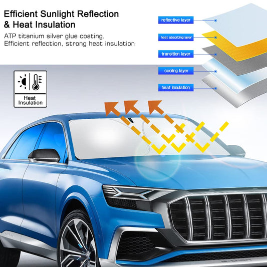 Foldable Car Windshield Sunshade with Storage Pouch,Front Windshield Reflective Sunshad,Car Front Window for Top Blocks UV Rays and Sun Heat Protection, Keeps Vehicle Cooler（56 * 31.5inch）