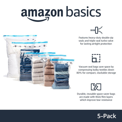 Amazon Basics Vacuum Compression Storage Bags With Hand Pump, Medium, 5-Pack, White, Sky Blue