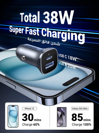 UGREEN PD 24W Car Charger Fast Charging Dual USB Car Plug Adapter Car Charger Type C Compatible with iPhone 15 Pro Max/15 Pro/15/14/13 Pro Max/12/11, iPad Pro/mini 6,Samsung S23/S22, Huawei Mate20,etc