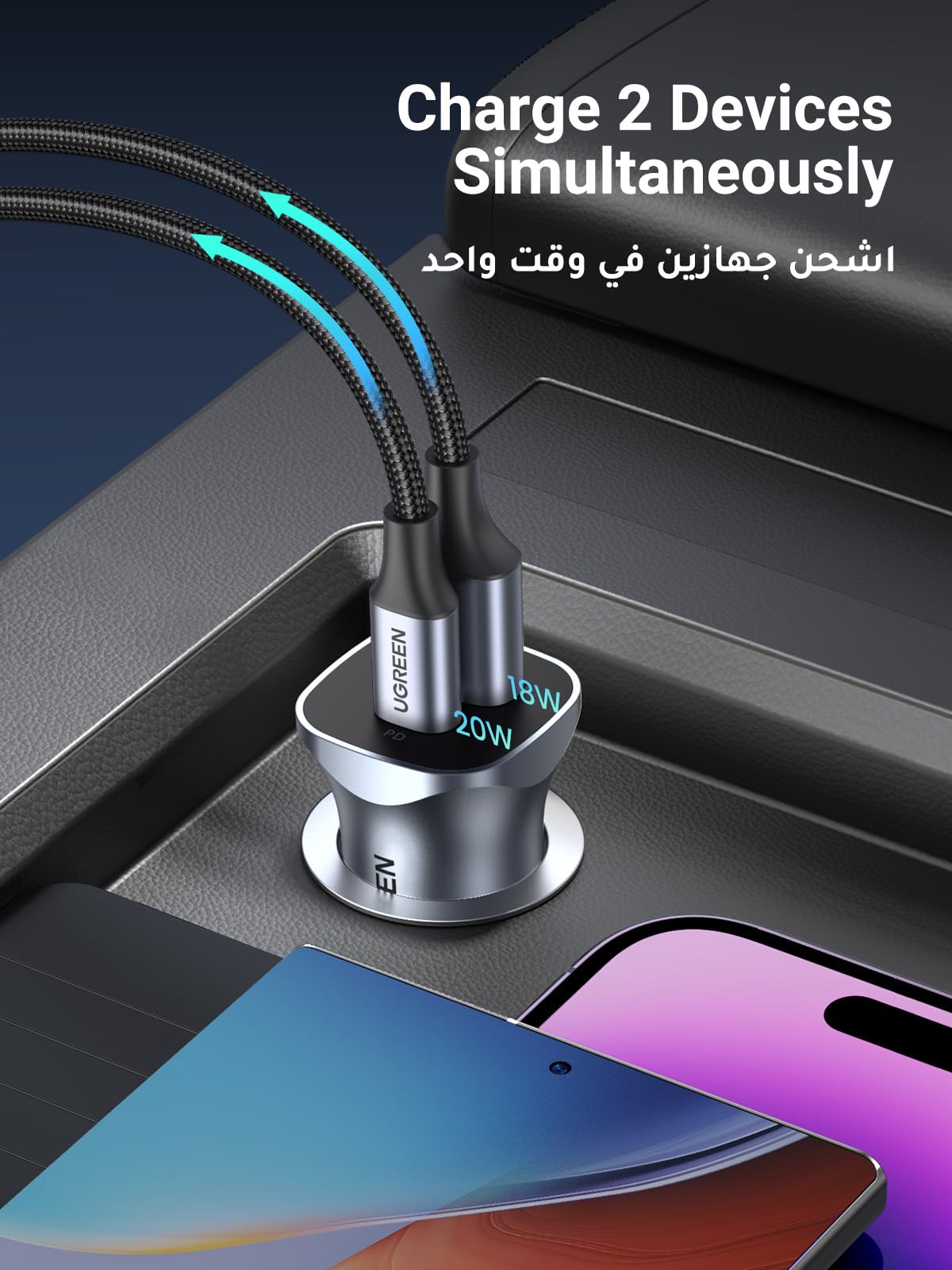 UGREEN PD 24W Car Charger Fast Charging Dual USB Car Plug Adapter Car Charger Type C Compatible with iPhone 15 Pro Max/15 Pro/15/14/13 Pro Max/12/11, iPad Pro/mini 6,Samsung S23/S22, Huawei Mate20,etc