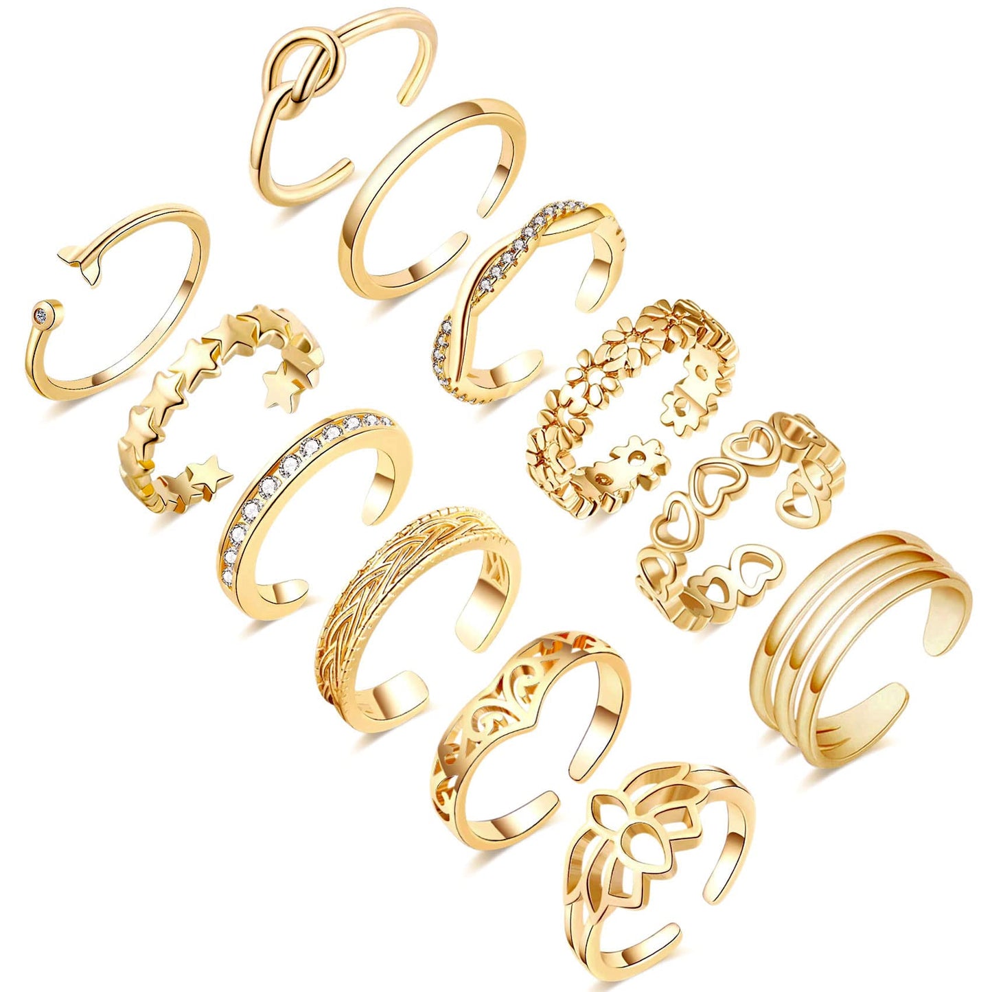 Honsny 12PCS 14K Gold Plated Toe Rings for Women Adjustable Band Rings Open Flower CZ Toe Ring Set Beach Foot Jewelry