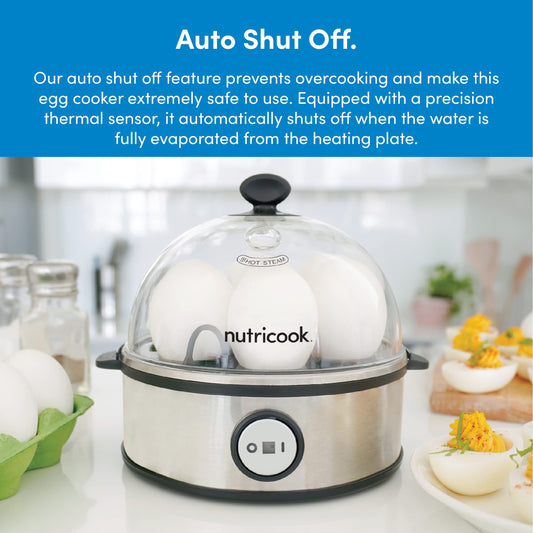 NutriCook Rapid Egg Cooker: 7 Egg Capacity Electric Egg Cooker for Boiled Eggs, Poached Eggs, Scrambled Eggs, or Omelettes with Auto Shut Off Feature - Silver