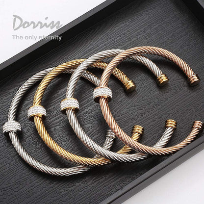 Cable Cuff Bracelets, Dorriss Stainless Steel Twisted Wire Composite Bracelet Bangles, Adjustable Elegant Antique Jewelry with Rhinestone for Women, Ladies, Girls, Teens, Gift Idea