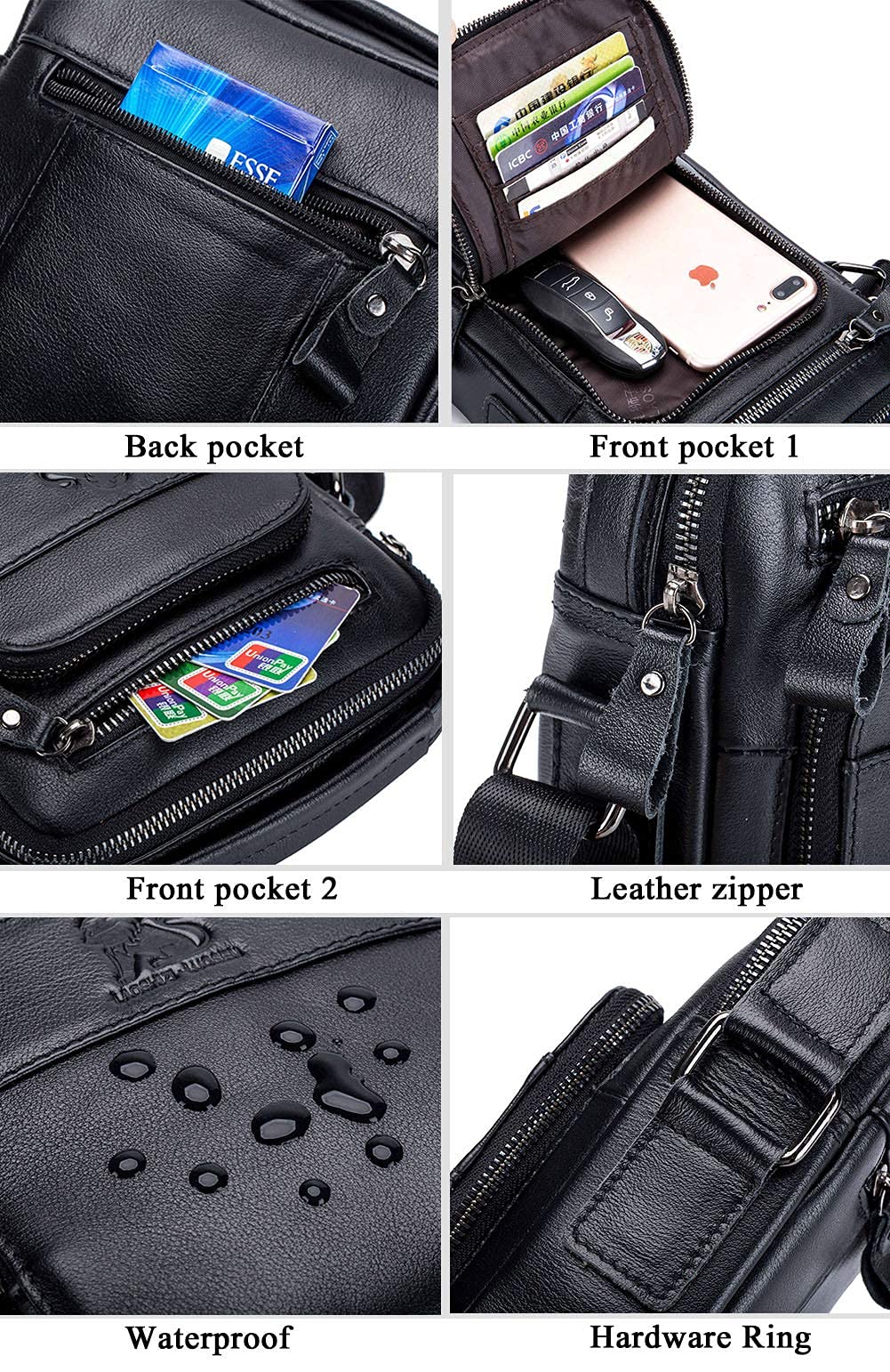 Men's Genuine Leather Shoulder Bag Messenger Briefcase CrossBody Handbag Satchel Travel bag, black