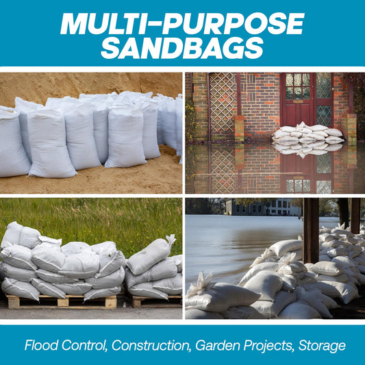 Empty White Sandbags with Ties (Bundle of 10) 14" x 26" - Woven Polypropylene Sand bags, Sandbags for Hurricane Flooding, Sand Bags Flood Protection