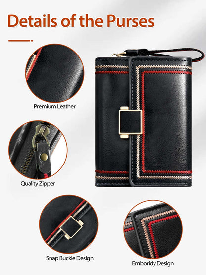 Purses for Women RFID Blocking Leather Short Purse Accordion Wallets with 17 Credit Card Holder Bifold Ladies Small Purse, Black