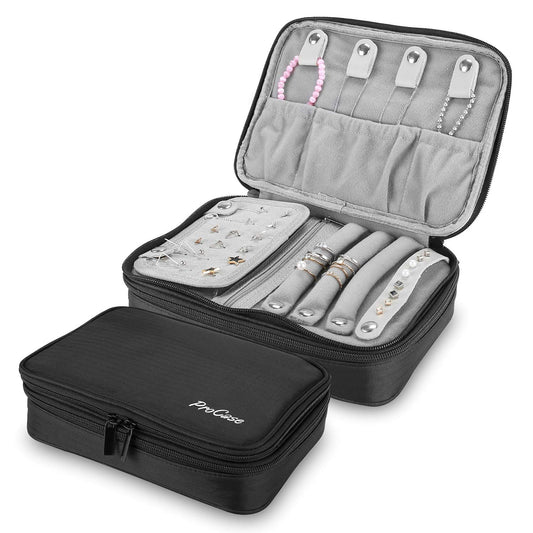 ProCase Travel Jewelry Case Organizer Bag, Soft Padded Double Layer Jewelry Carrying Pouch Portable Jewelry Storage Box Holder for Earrings, Rings, Necklaces, Bracelets, and Chains –Black