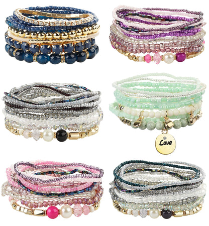 FIBO STEEL 6 Sets Bohemian Stackable Bead Bracelets for Women Stretch Multilayered Bracelet Set Multicolor Jewelry